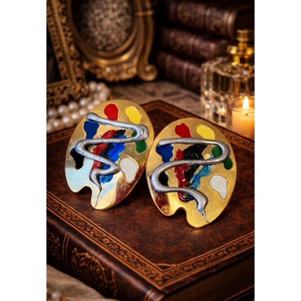 Vintage 1980s Artist Palette Statement Earrings Abstract Paint Design Oversized